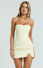 Avery Mini Dress - Strapless Corset Bodice Draped Dress in Lemon
