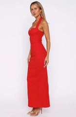Champagne High Halter Maxi Dress Red