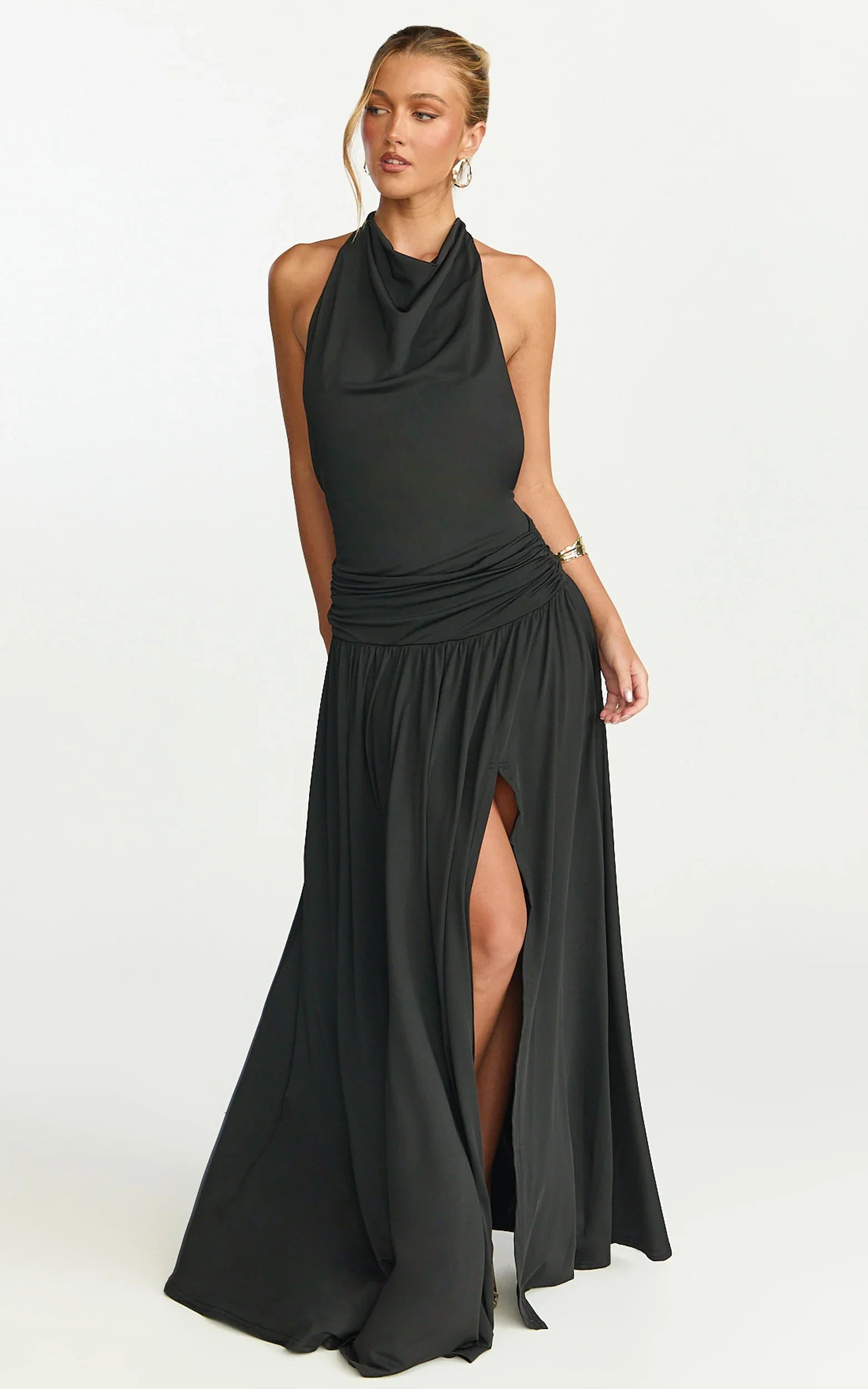 Sophia Maxi Dress - Backless High Cowl Neck Jersey Dress in Black