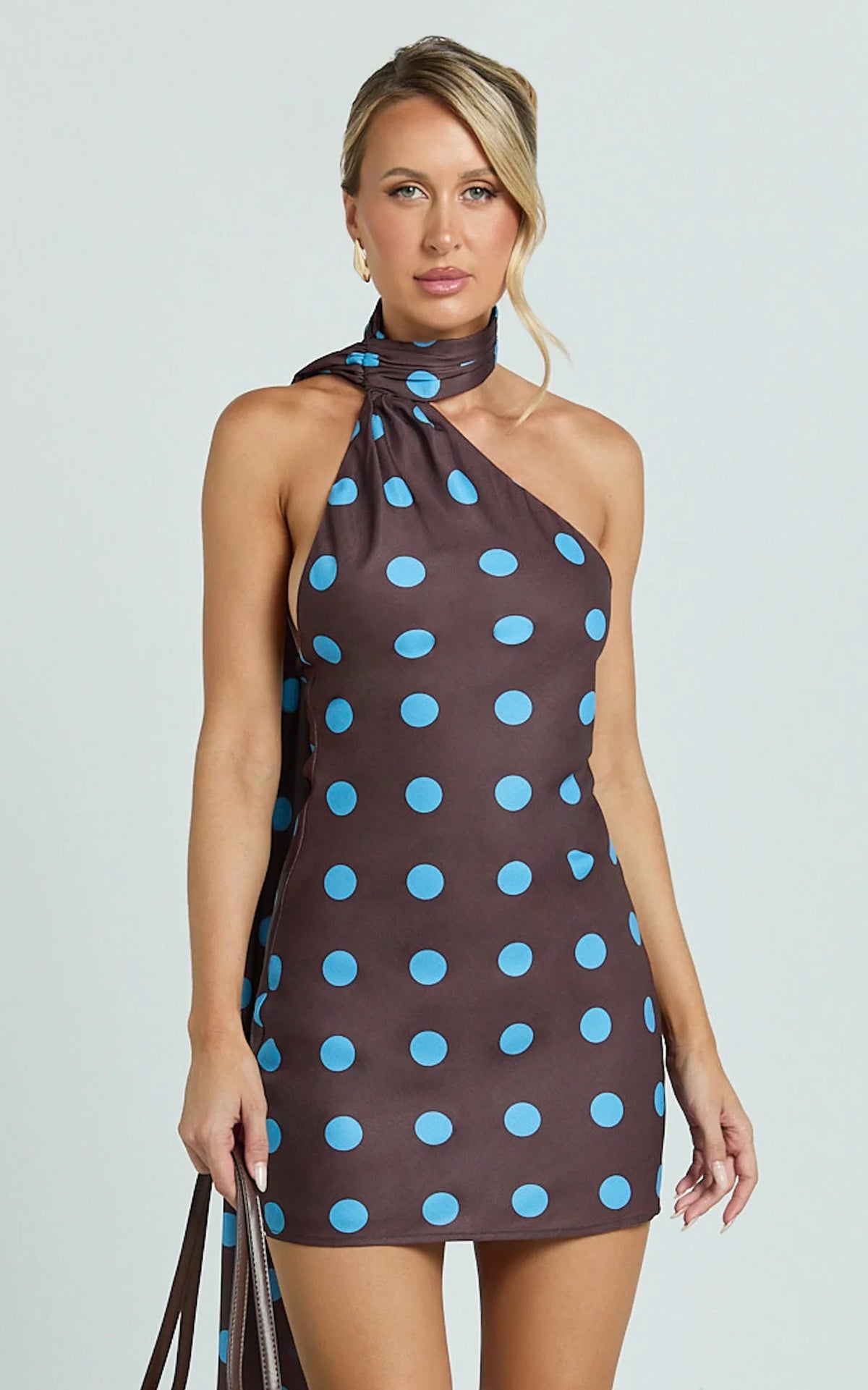 Maddox Mini Dress - Scarf Neck Low Tie Back Slip Dress in Polka Dot Print
