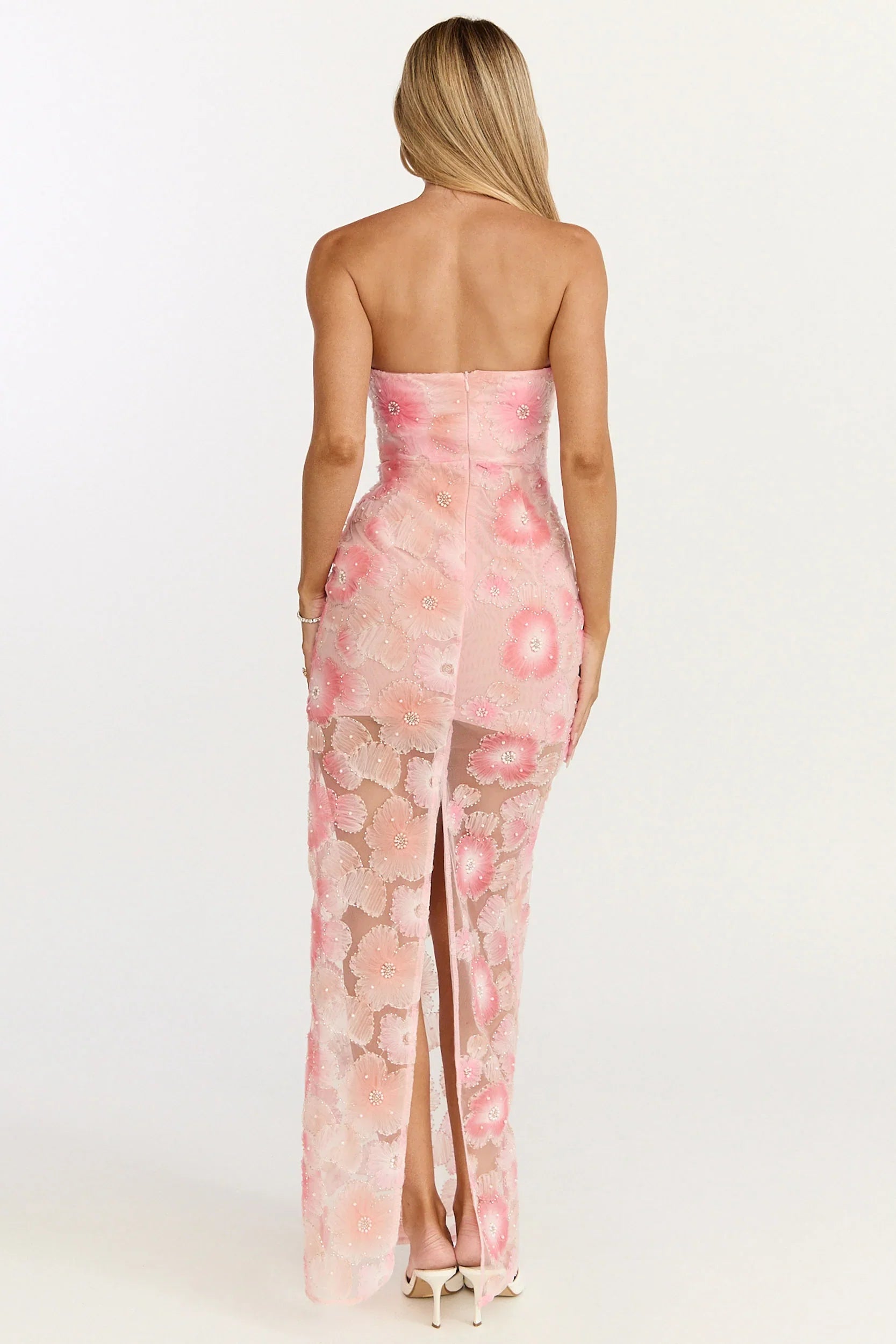 Lima Maxi Dress - Strapless Floral Embellished Column Dress in Pink
