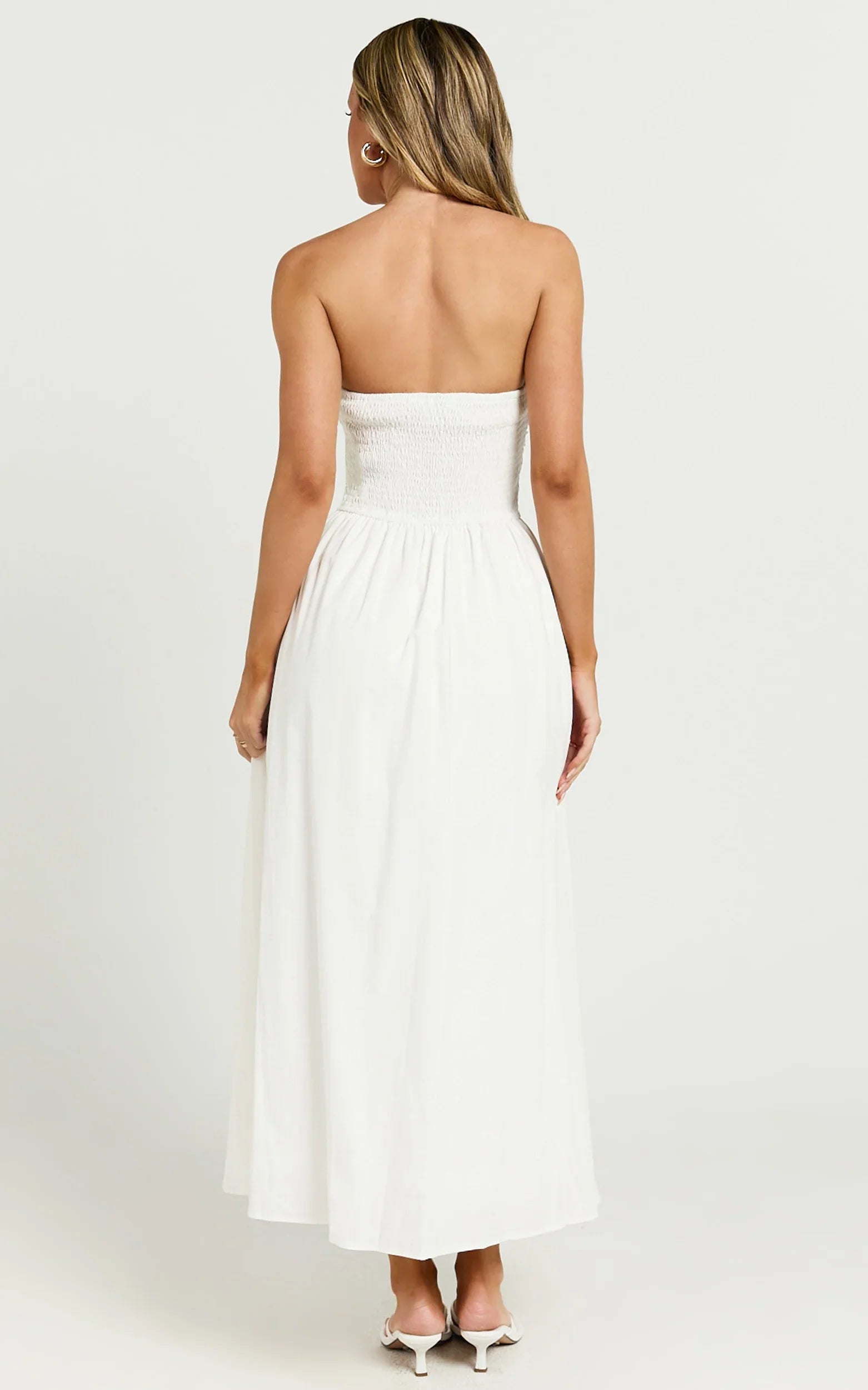 Polly Midi Dress - Strapless Ruched Dress in White