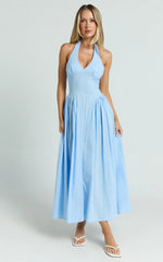 Athena Midi Dress - Halter Drop Waist Dress in Blue