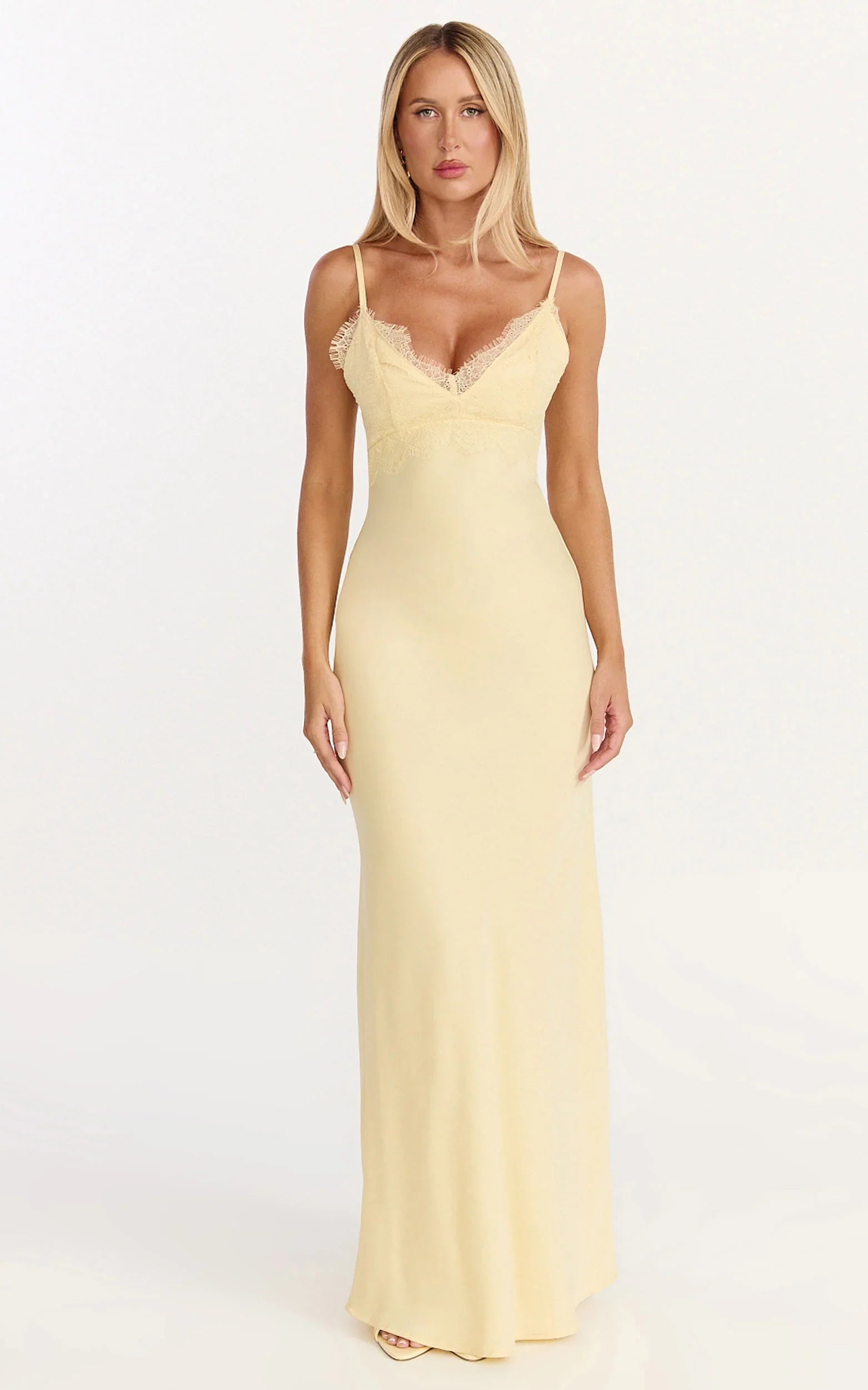 Kyra Maxi Dress - Lace Bust And Tie Back Satin Dress in Lemon