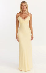 Kyra Maxi Dress - Lace Bust And Tie Back Satin Dress in Lemon