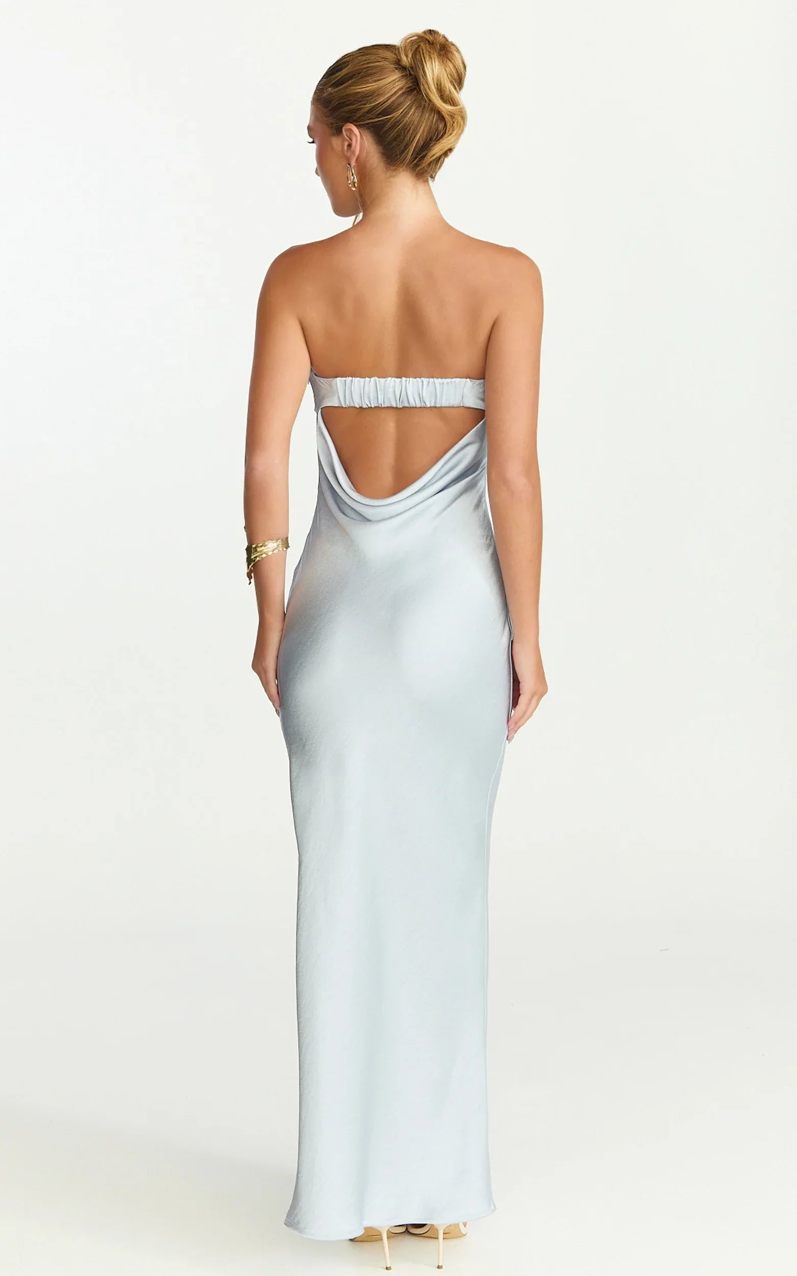 Zaya Midi Dress - Strapless Satin Slip Dress in Pale Blue