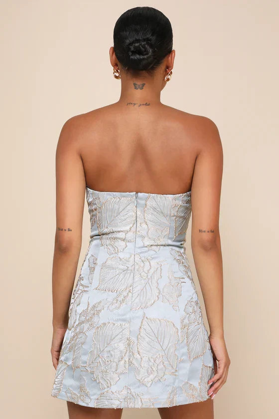 Aesthetic Pose Slate Blue and Gold Jacquard Strapless Mini Dress