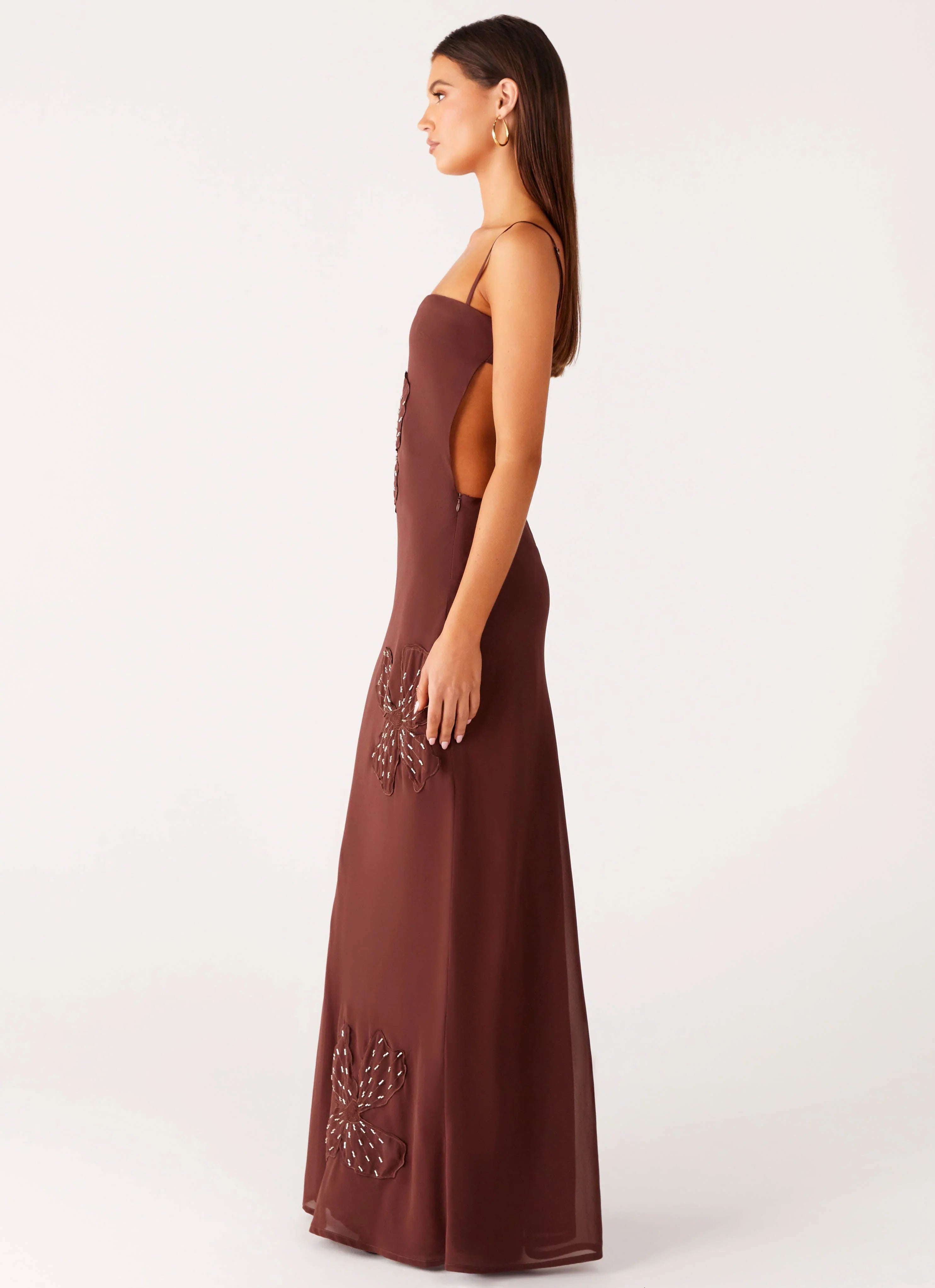 Bayla Beaded Flower Maxi Dress - Chocolate