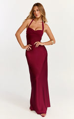Flynn Maxi Dress - Satin Halter Sweetheart Neck Dress in Wine