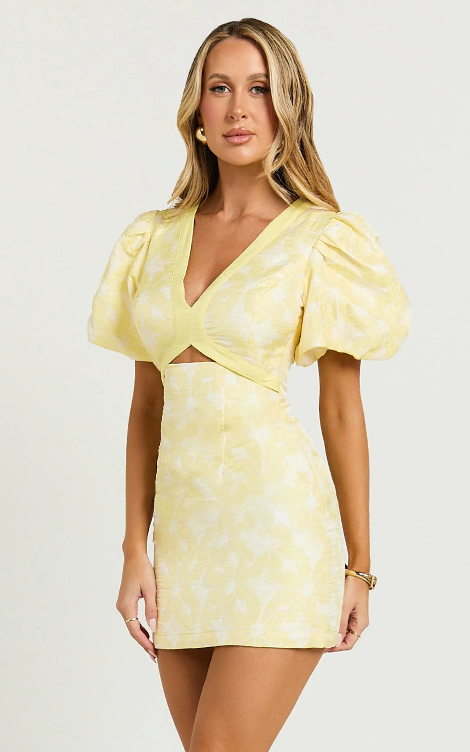 Diana Mini Dress - Jacquard Short Sleeve Cut Out Dress in Lemon