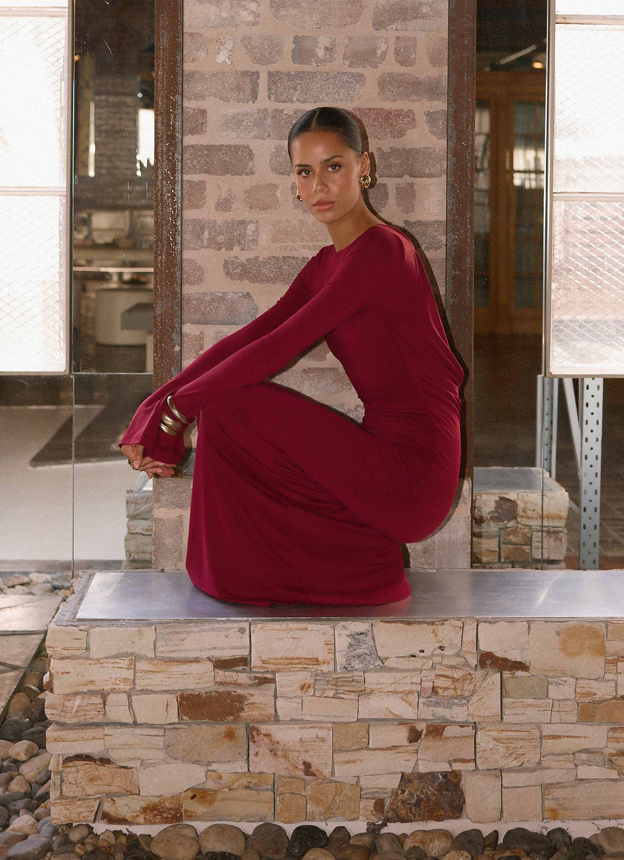 Elmont Long Sleeve Maxi Dress - Dark Cherry