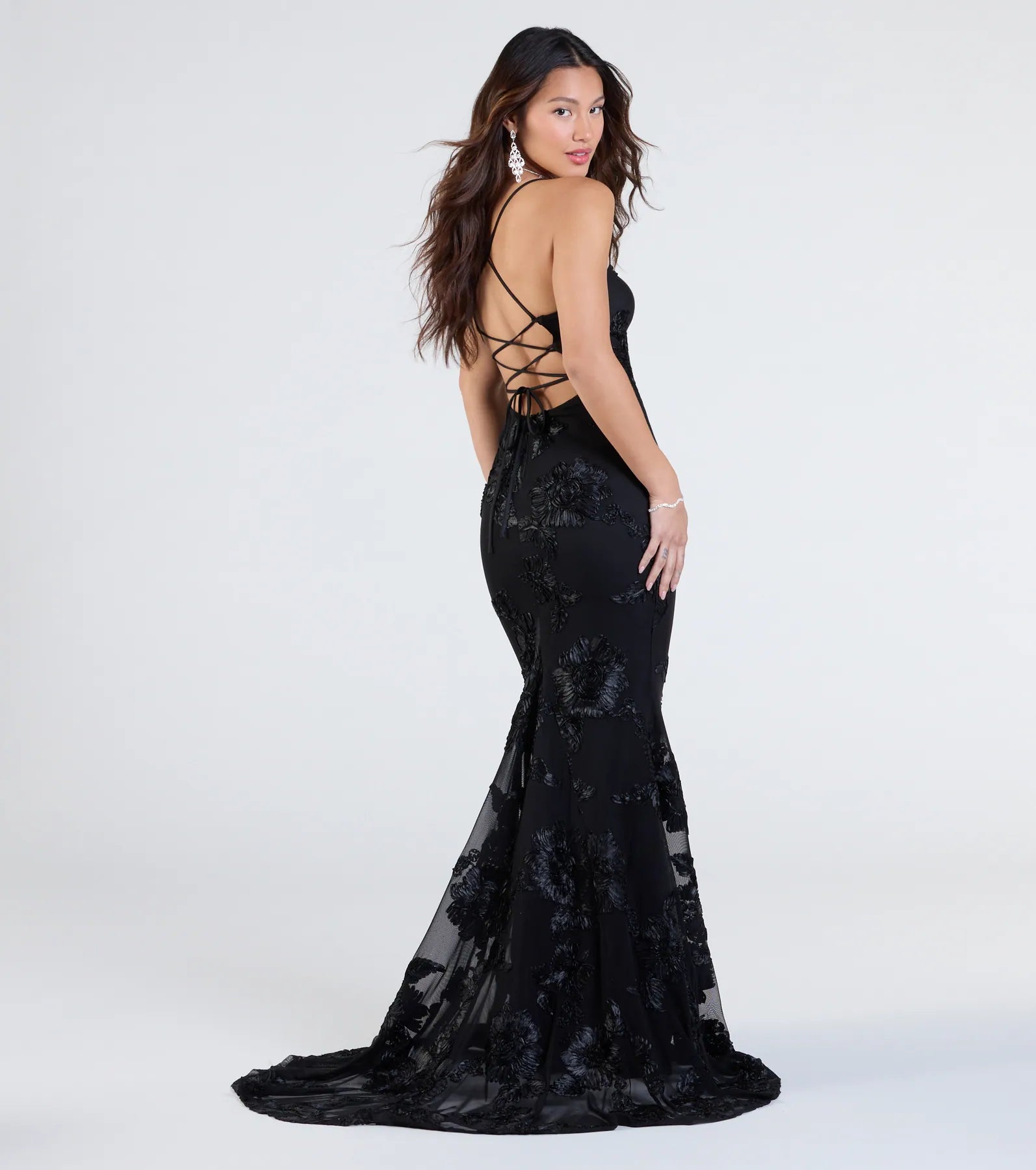 Gabi Lace-Up Floral Trim Mermaid Formal Dress