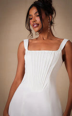 Premium White Woven Square Neck Lace Back Corset Dress