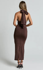 Olenna Midi Dress - Halter Neck Twist Detail Tie Back Dress in Chocolate
