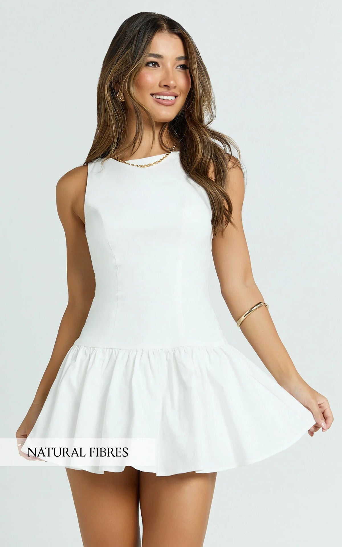 Izira Mini Dress - Boat Neck Drop Waist Shift Dress in White