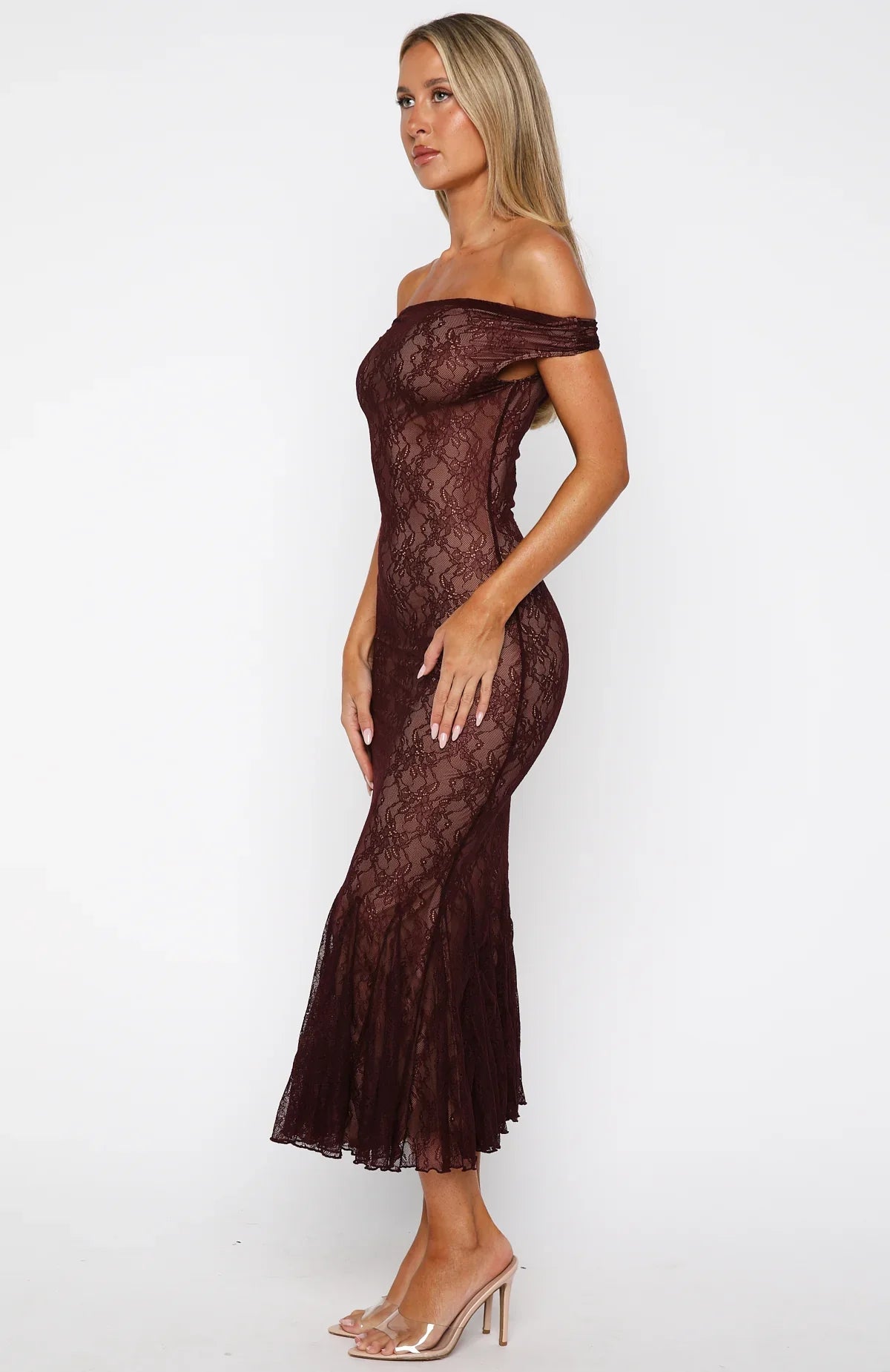 Defied The Odds Off Shoulder Lace Maxi Dress Wine