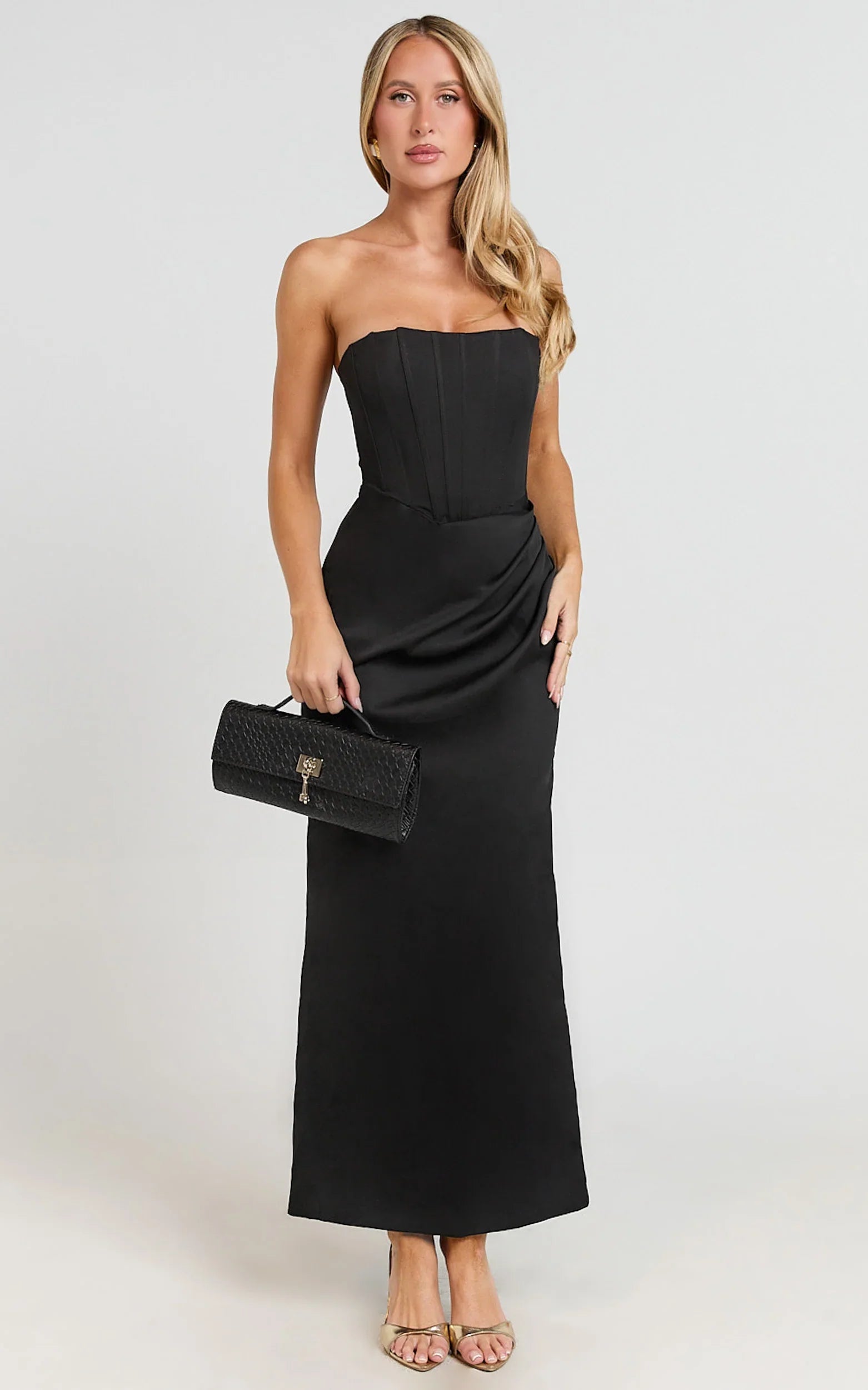 Avery Midi Dress - Strapless Draped Side Split Dress in Black
