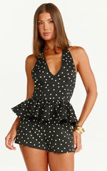 Seraphina Top - Polka Dot V Neck Peplum Top in Black Polka Dot Print