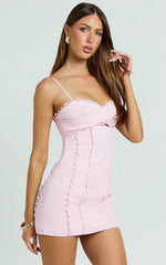 Gigi Mini Linen Blend Dress - Sweetheart Tie Back Scallop Detail Dress in Pink