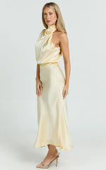 Minnie Midi Dress - Drape Neck Satin Slip Dress in Butter Yellow