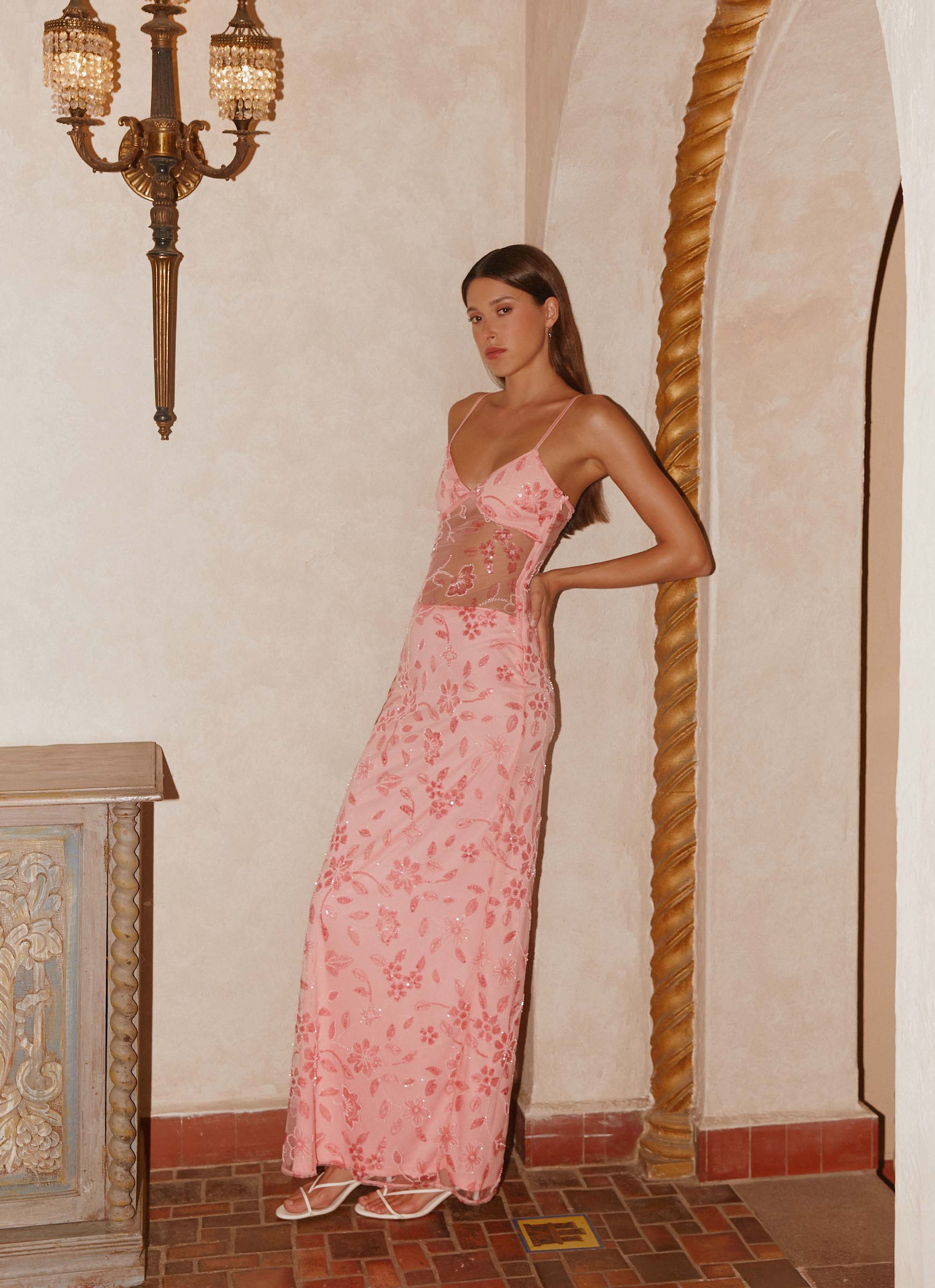 Akira Beaded Maxi Dress - Pink Orange