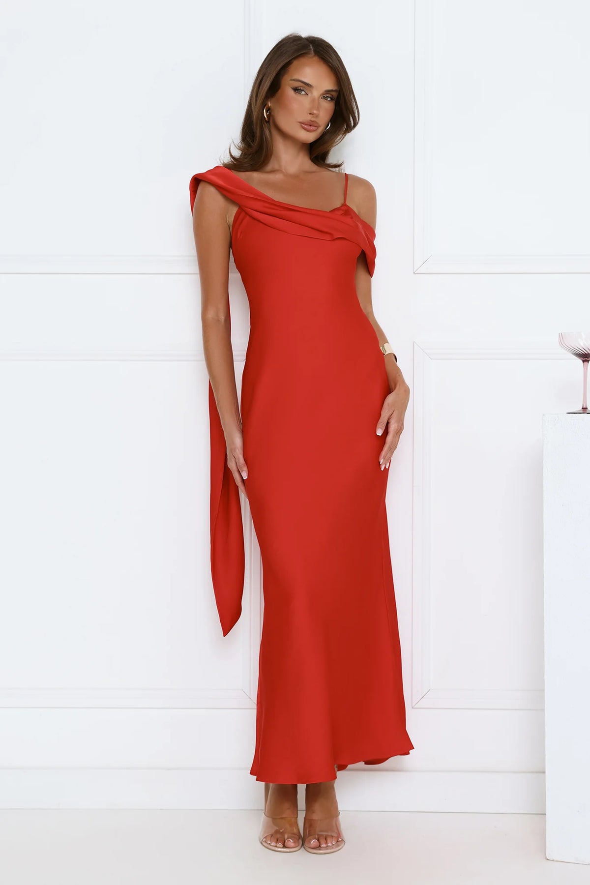 Whispered Flame Satin Maxi Dress Red
