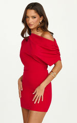 Nalfie Mini Dress - Tipped Shoulder Jersey Drape Dress in Red