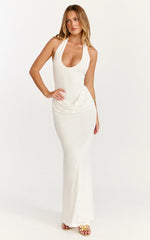 Heath Maxi Dress - Scoop Halter Neck With Drape Front Skirt Back Split Dress in Off White