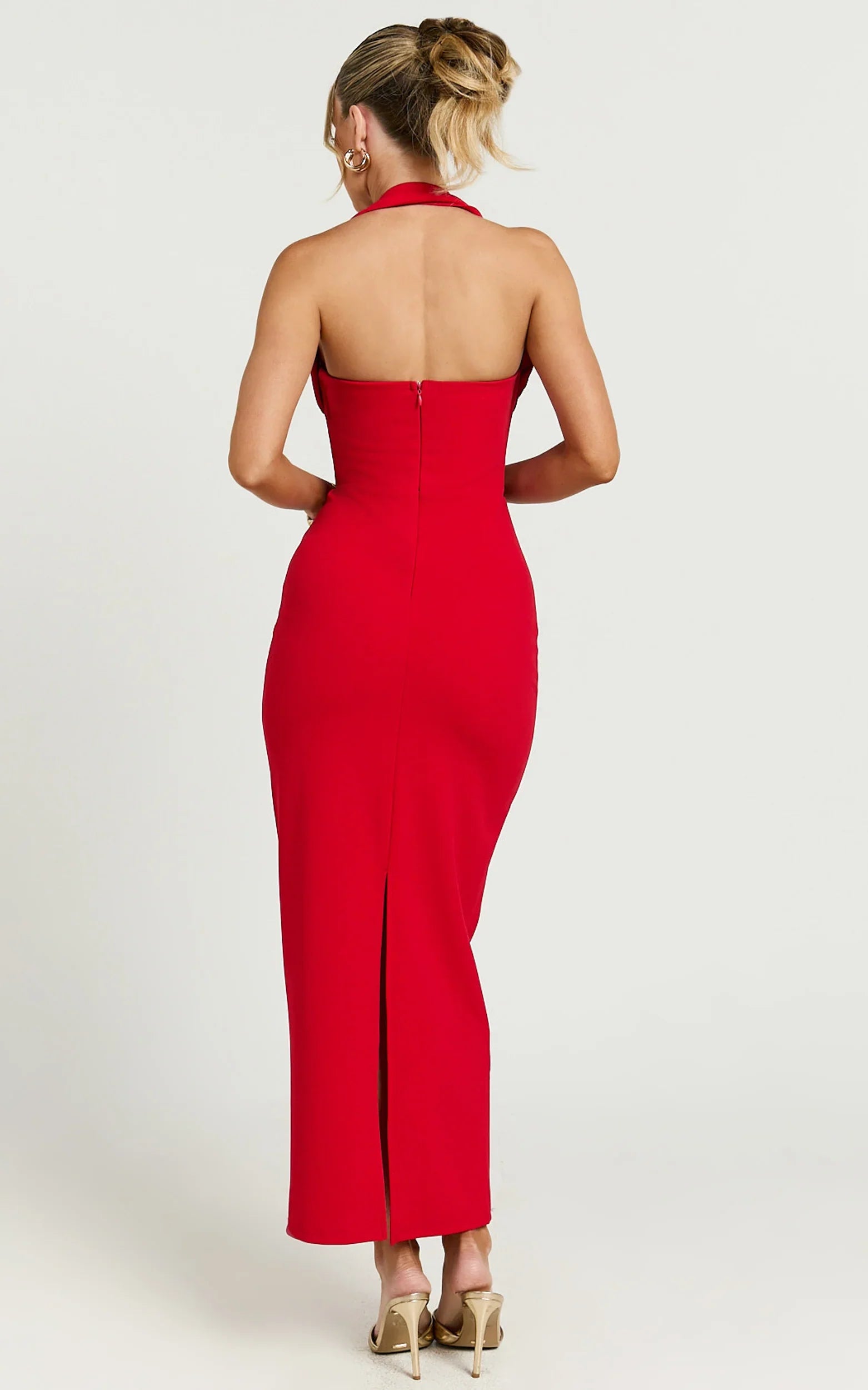 Salome Midi Dress - Halter Neck Column Dress in Red