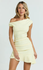 Goldie Mini Dress - Tipped Off Shoulder Cap Sleeve Ruched Fitted Ruffle Hem Skirt Dress in Lemon
