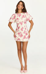 Lila Mini Dress - High Neck Puff Sleeve Lace Back Fitted Dress in Toile De Joie Print