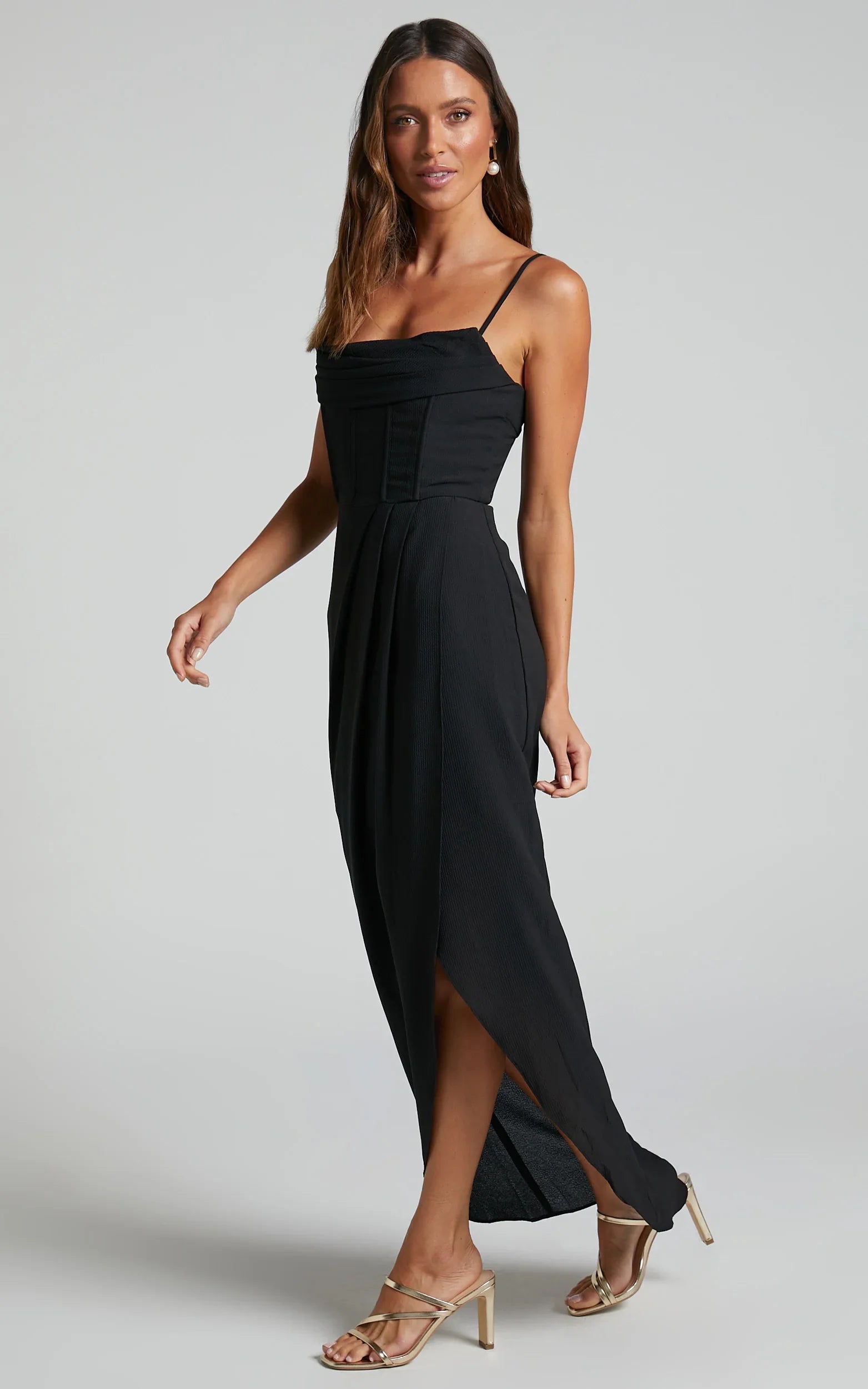 Andrina Midi Dress - High Low Wrap Corset Dress in Black