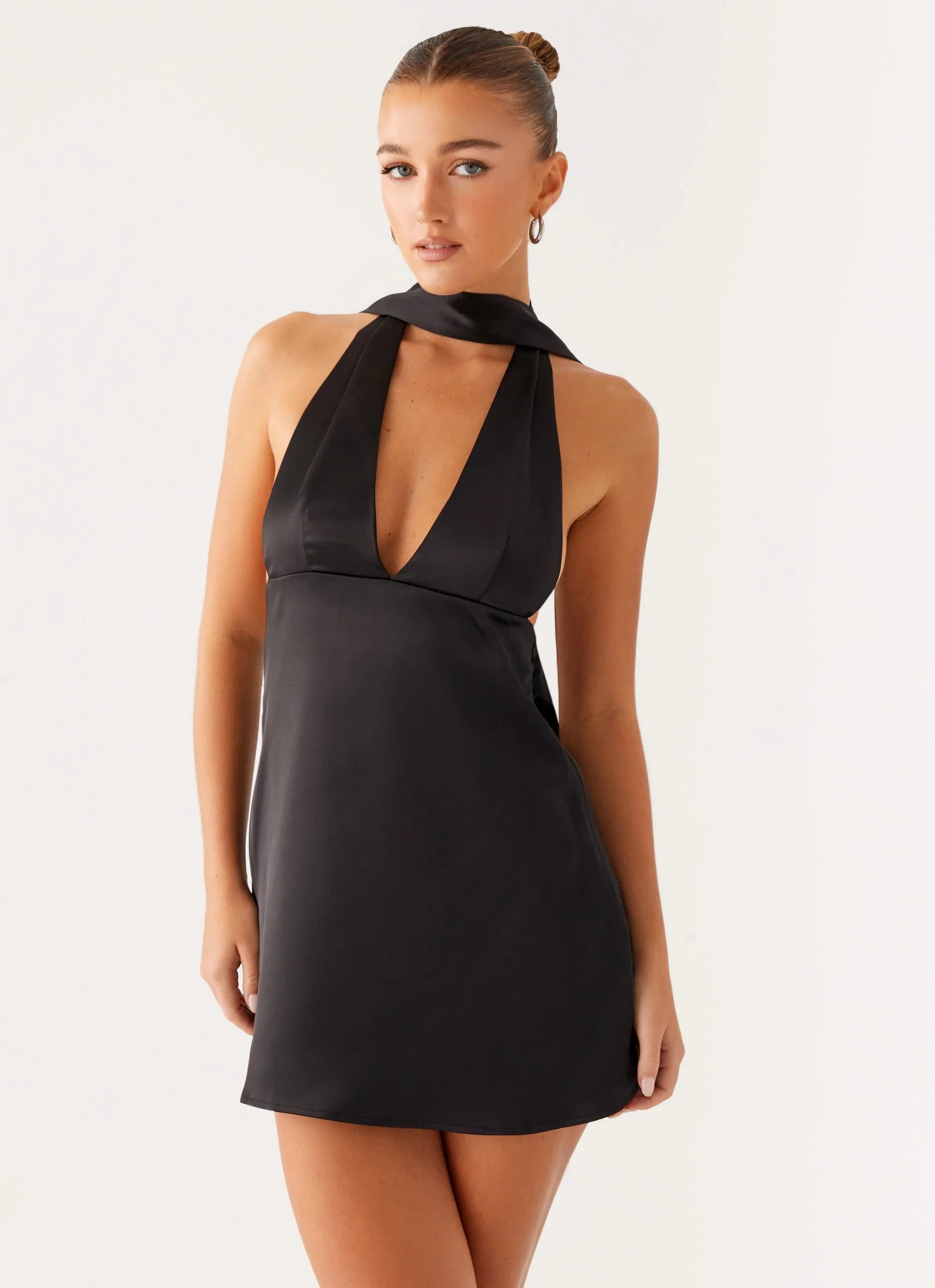 Alicia Satin Halter Mini Dress - Black