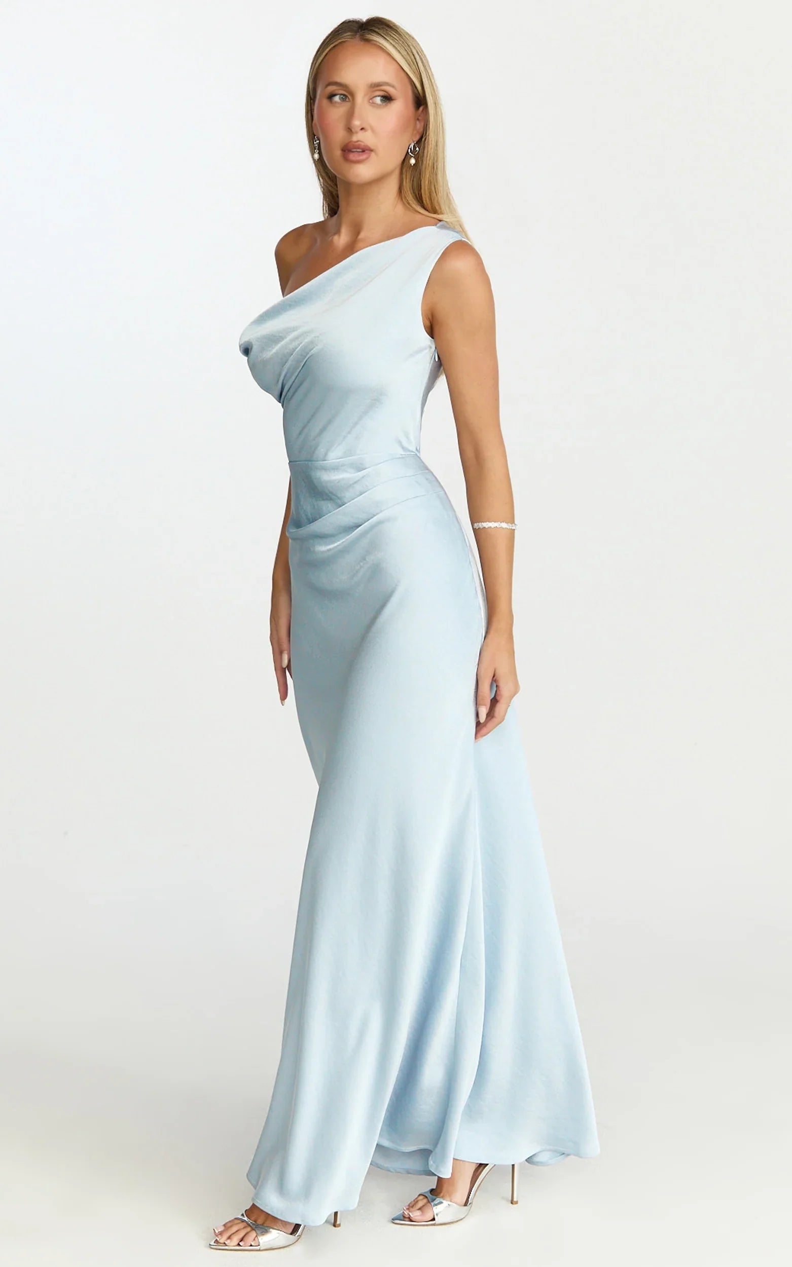 Lira Midi Dress - One Shoulder Satin Dress in Pale Blue
