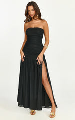 Marguerite Maxi Dress - Strapless Ruched Mesh High Leg Split Dress in Black