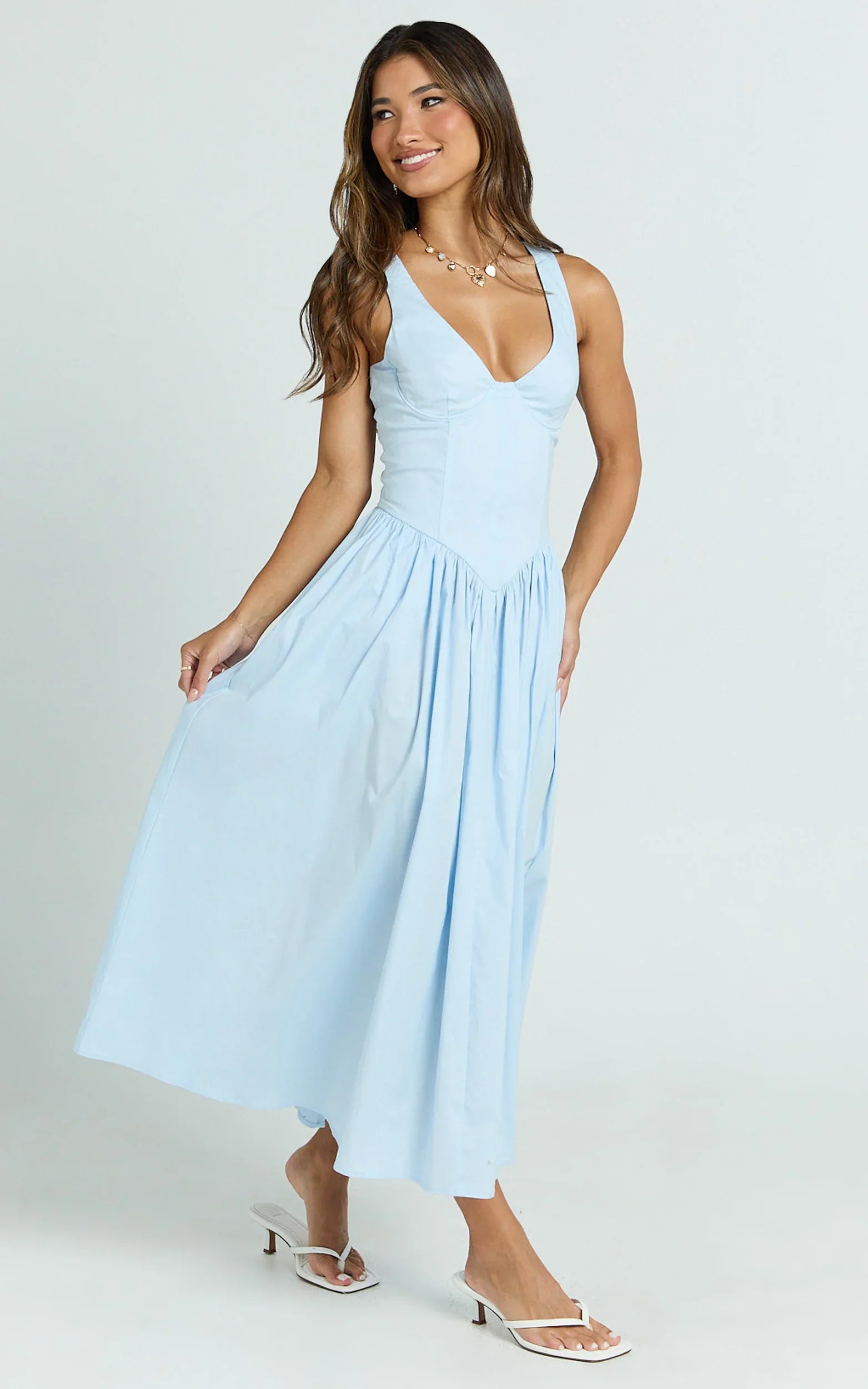 Beckett Midi Dress - Scoop Neck Drop V Waist Gathered Skirt Dress in Blue