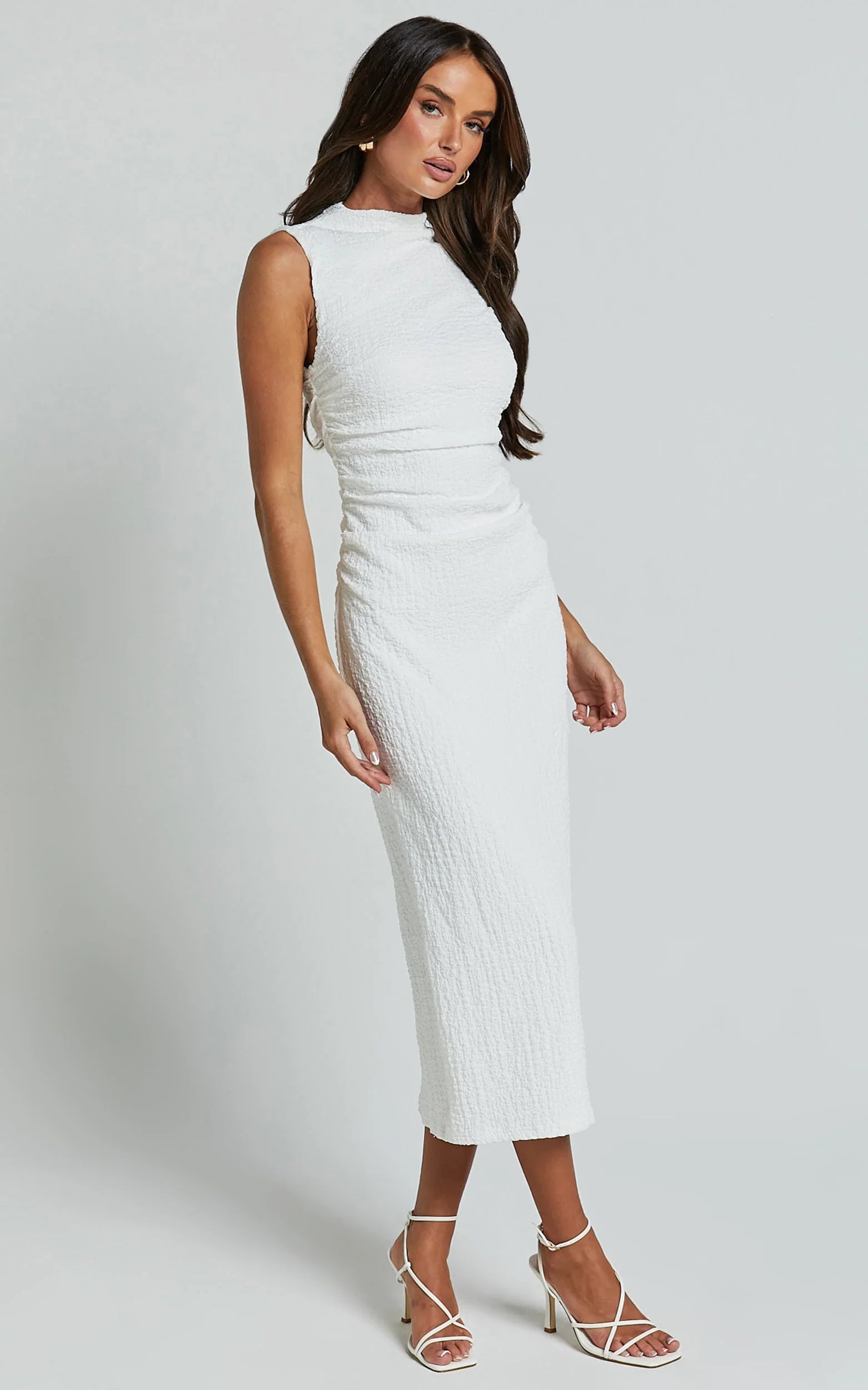 Aleks Midi Dress - High Neck Bodycon Dress in Off White