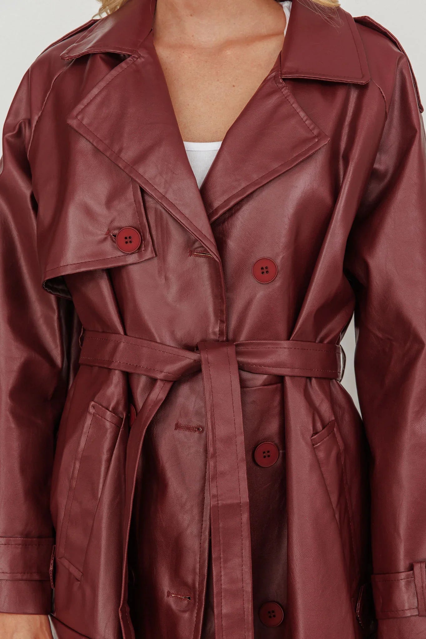 Longline Faux Leather Trench Coat Burgundy