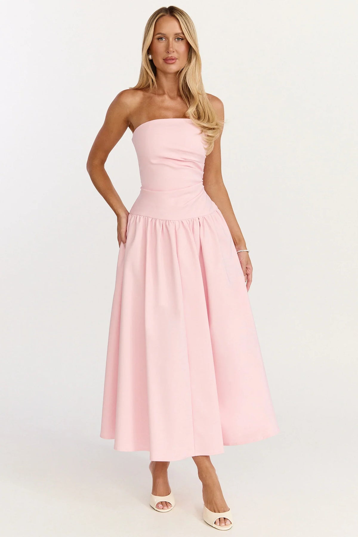 Louisa Maxi Dress - Strapless Side Ruched Dropped Waist Fit And Flare Dress in Pink