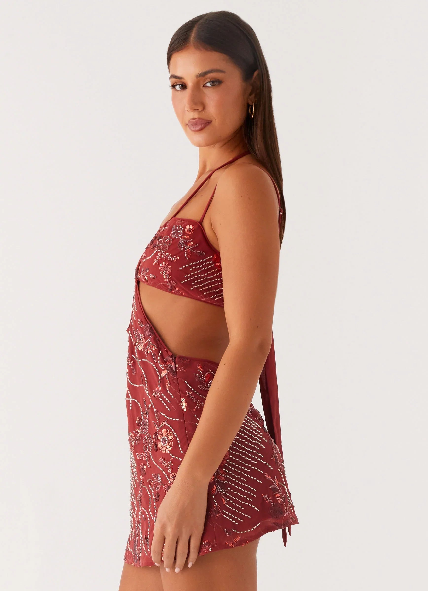 Sahara Nights Beaded Mini Dress - Rust