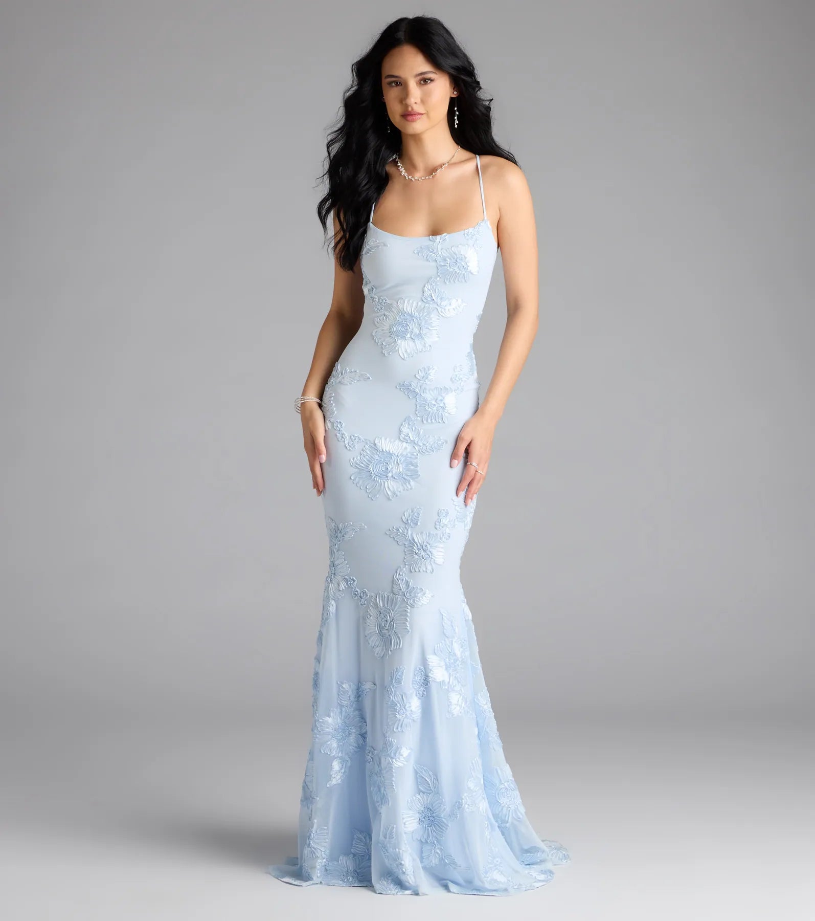 Gabi Lace-Up Floral Trim Mermaid Formal Dress