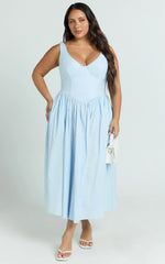 Beckett Midi Dress - Scoop Neck Drop V Waist Gathered Skirt Dress in Blue