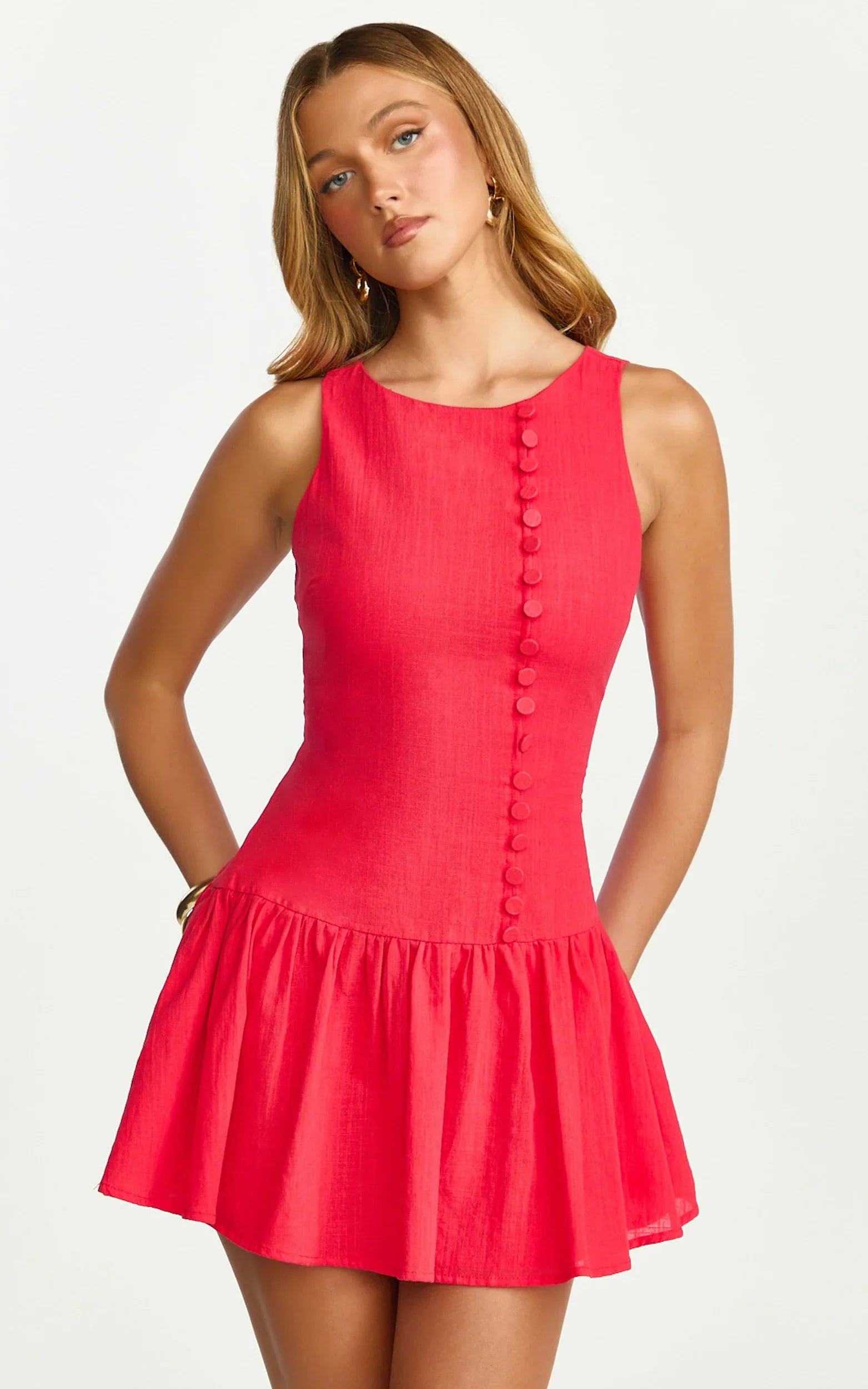 Cortez Mini Dress - High Neck Button Down Dress in Red