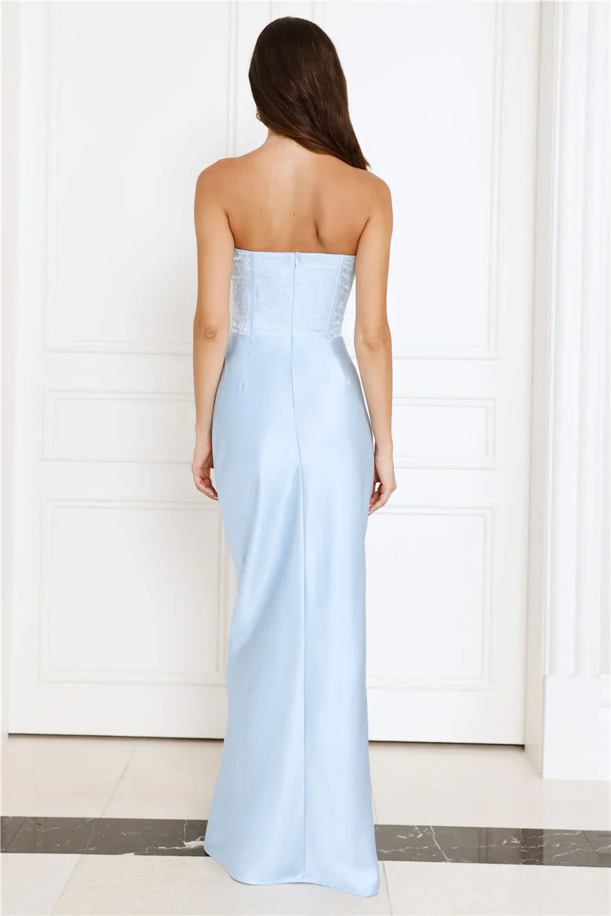 Dressed To Dazzle Strapless Satin Maxi Dress Blue