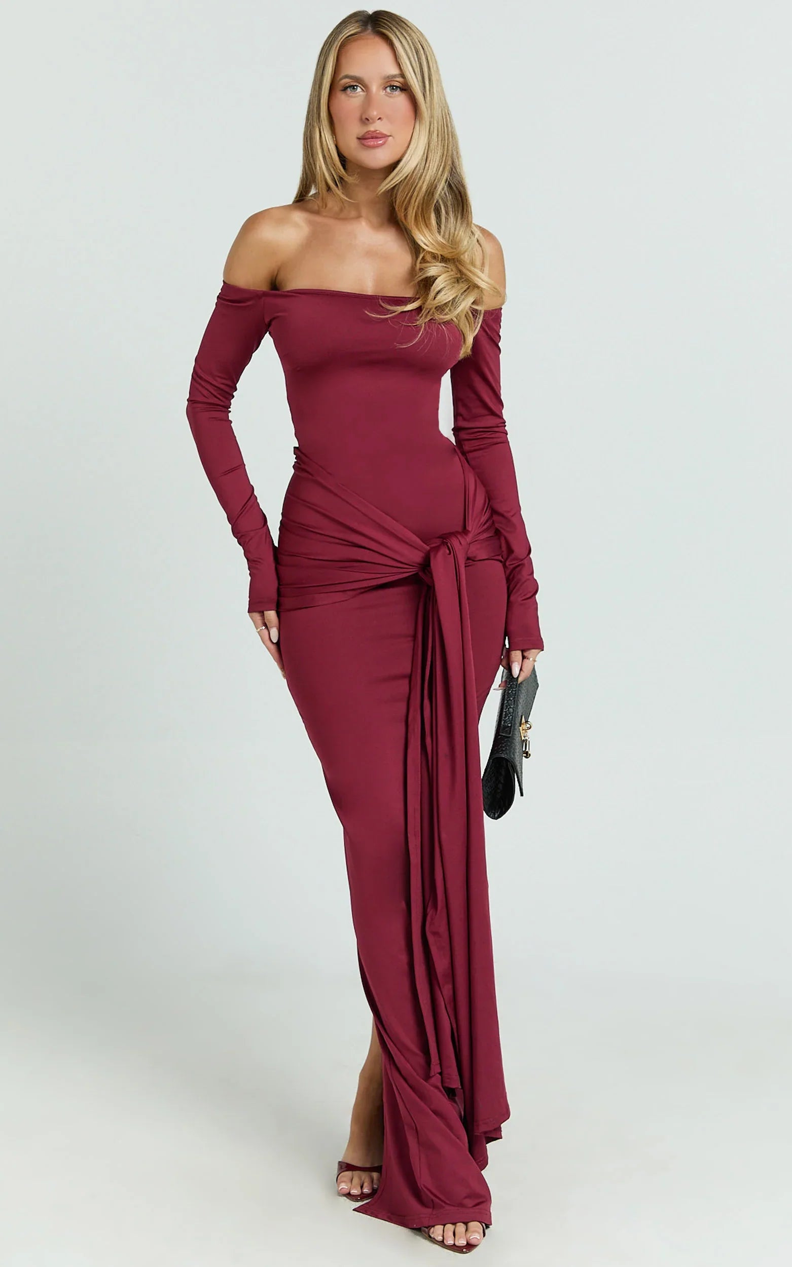Judith Maxi Dress - Boat Neck Backless Tie Front Long Sleeve Jersey Dress in Wine