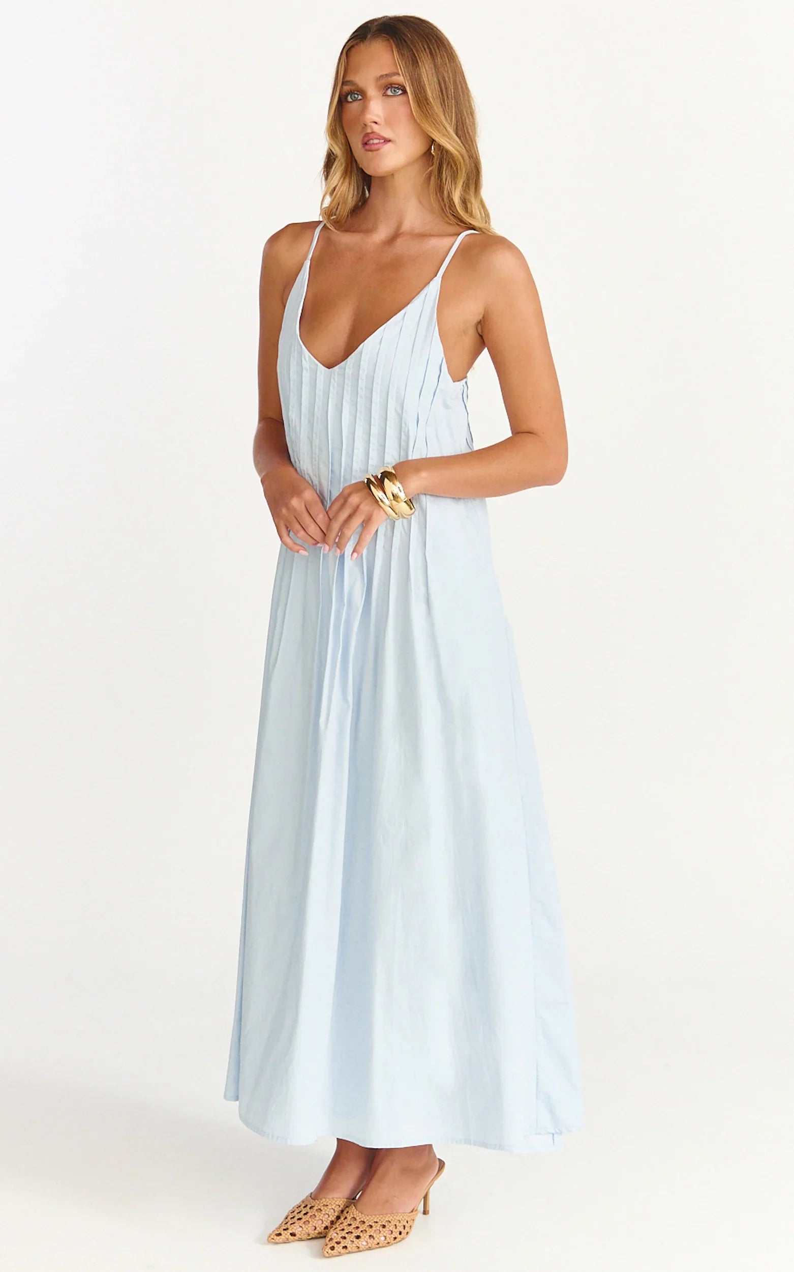 Estelle Maxi Dress - V Neck Pleated Dress in Blue