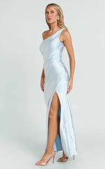 Isla Maxi Dress - Satin One Shoulder Side Split Dress in Sky Blue