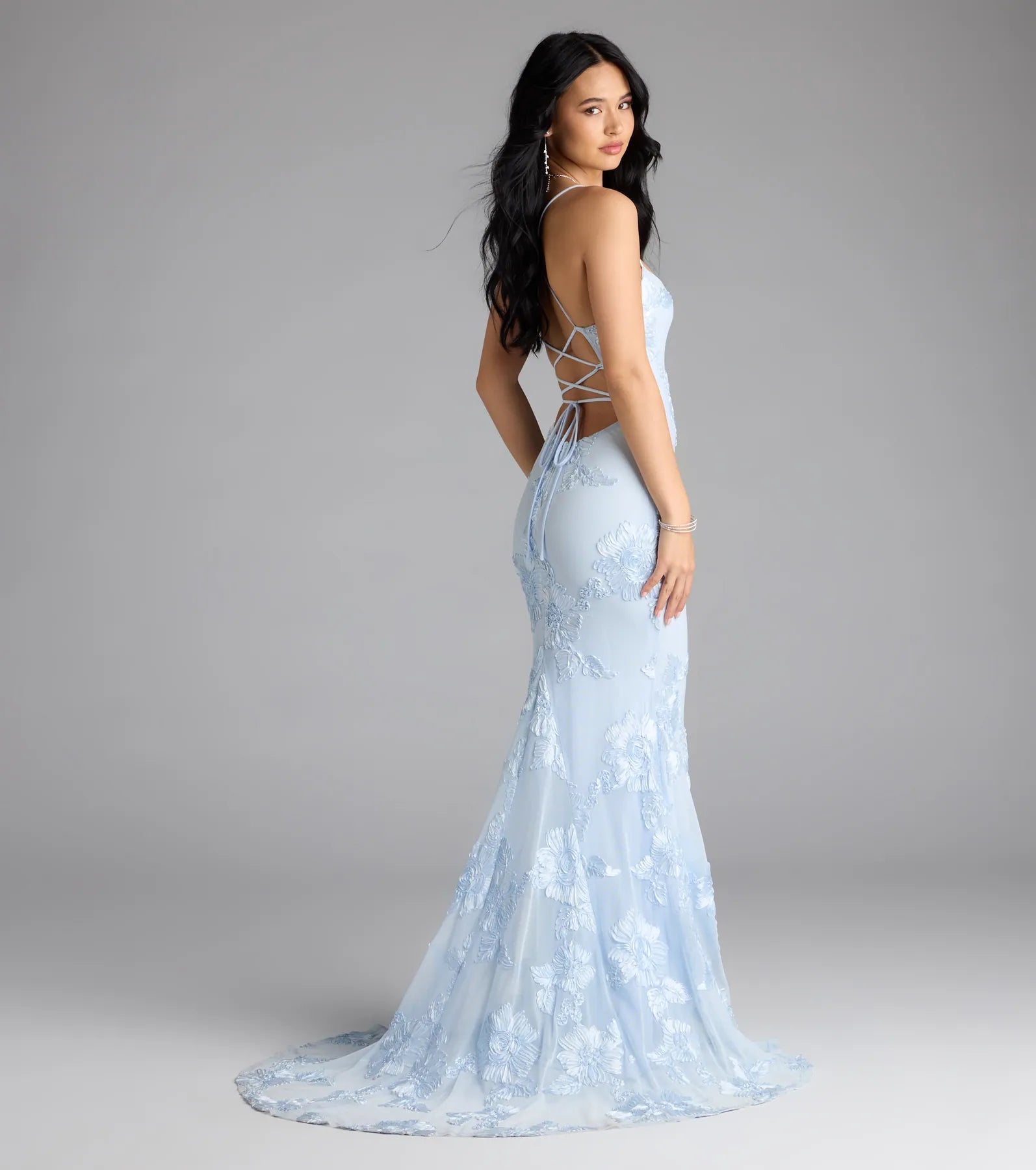 Gabi Lace-Up Floral Trim Mermaid Formal Dress