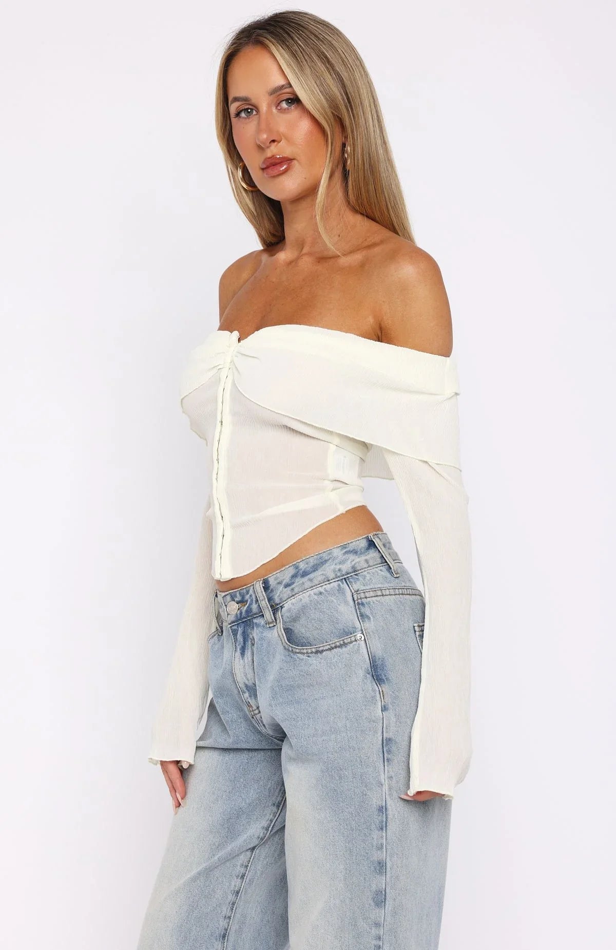Mood Forever Long Sleeve Off Shoulder Top Cream