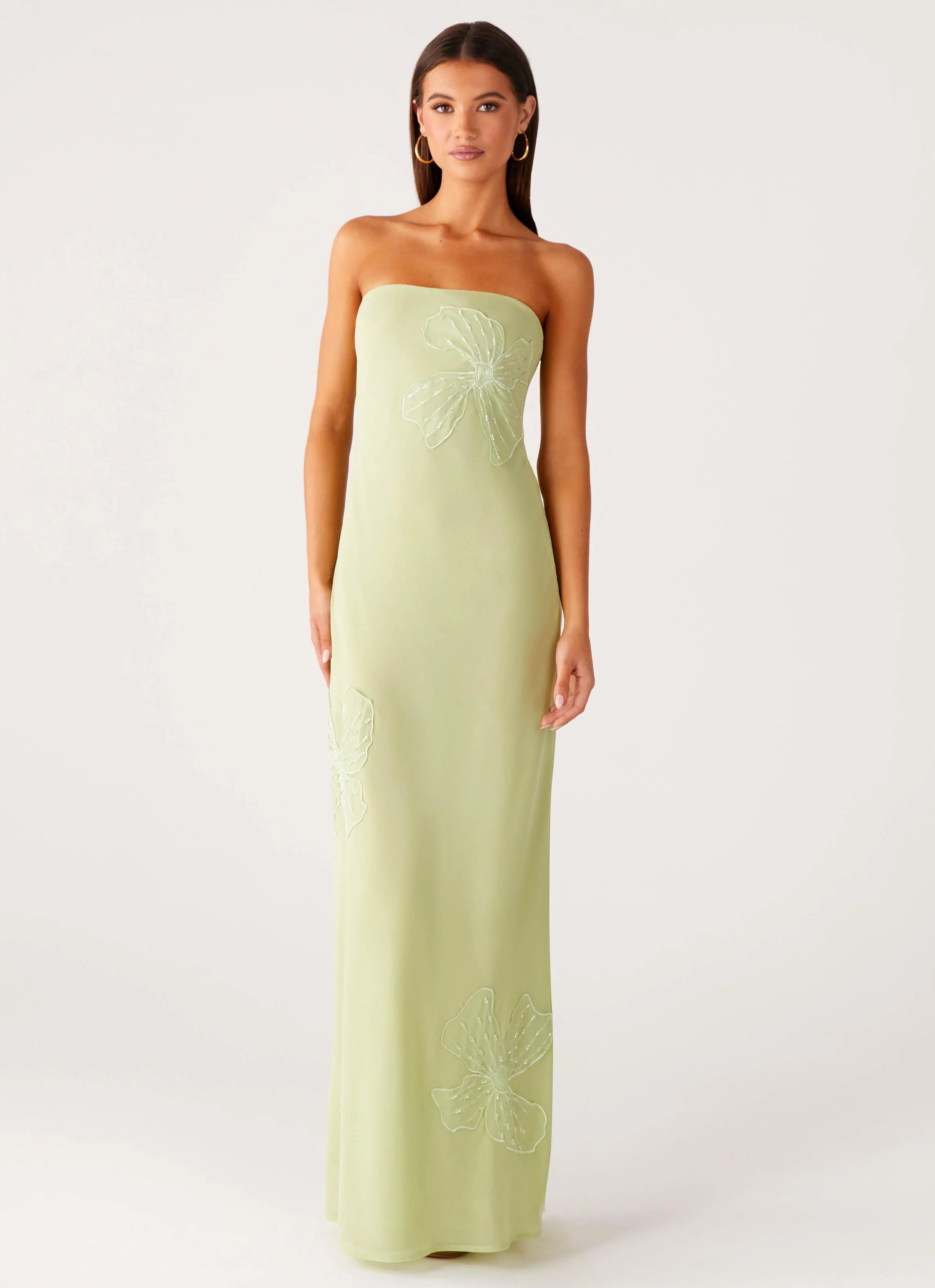 Sassafras Beaded Flower Strapless Maxi Dress - Lime